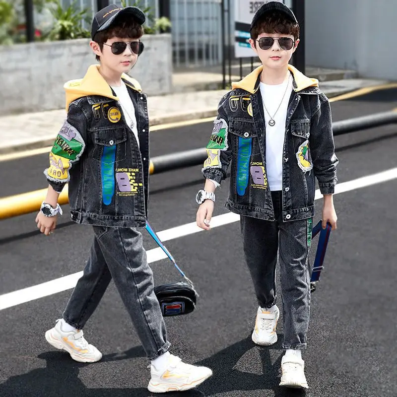 Cool Jean Spring Autumn Baby Boys Boys Set Kids Coat +Pants Outfits Teenage Casual Tops Children Clothing Suit High Quality