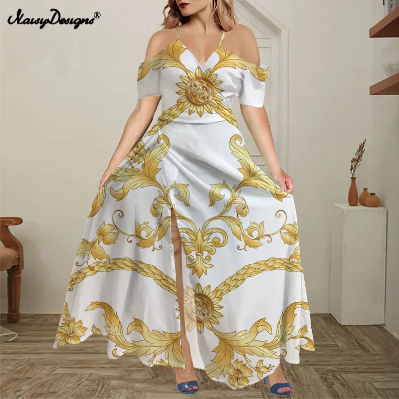 

Noisydesigns Women Off Shoulder Maxi Boho Split Long Dress Ruffles Summer 2021 Evening Party White Color Golden Floral Vestido