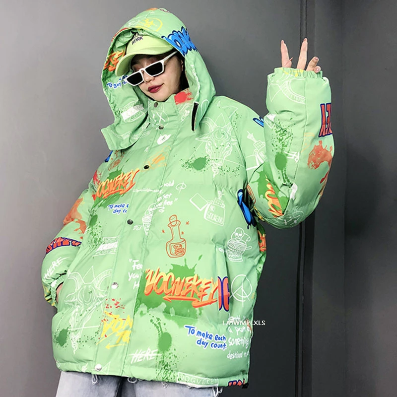Down Cotton Jackets Hooded Female Thick Warm 2022 Graffiti Print Streetwear Winter Jacket Women Loose Coat