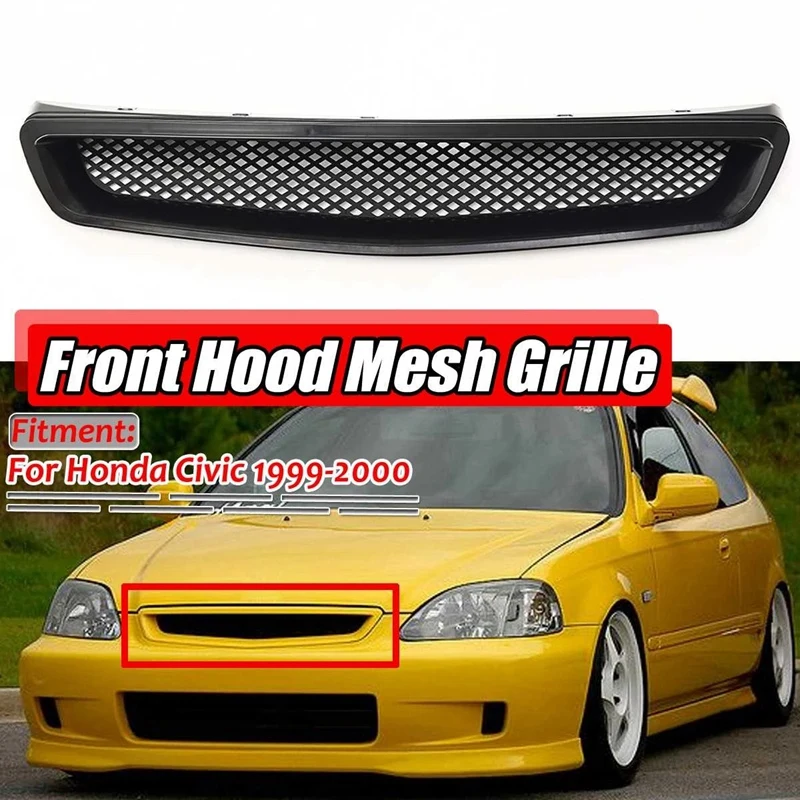 EK T-R Style Front Bumper Hood Mesh Grill Racing Grille for Honda Civic EK CX DX EX HX LX Type R 1999-2000 Glossy Black