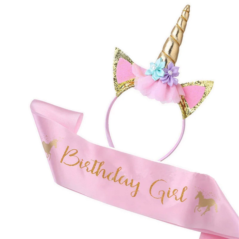 Unicorn Birthday Party Favors Pink Glitter Horn Headband Satin Sash for Girl Happy Birthday Party Decorations Unicorn Party Gift