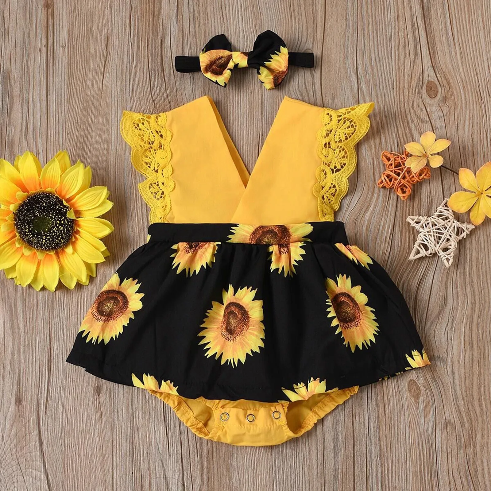 6 12 18 24 Months Newborn Baby Bodysuit Sets With Headband Sleeveless Sunflower Print Romper Infant Outfits Girl Summer Clothing