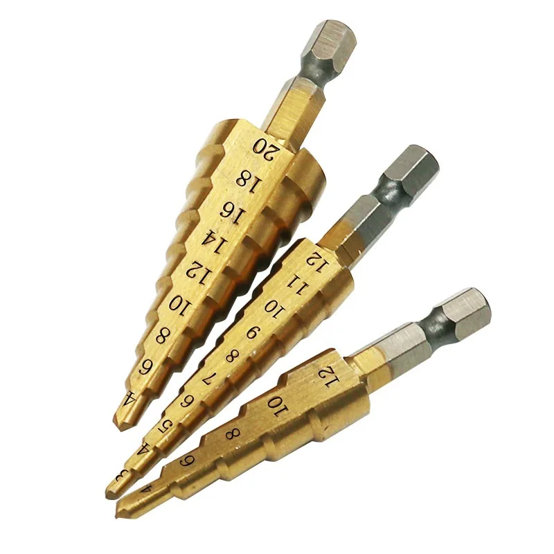3 bocados de broca revestidos titanium de aço de hss 3-12mm 4-12mm 4-20mm passo cone ferramentas de corte de madeira de aço conjunto de energia de perfuração de metal