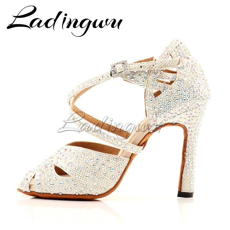 Hot White Glitter cloth Women\'s Latin dance shoes Ballroom dance shoes Party Square dance shoes Soft Bottom Cuban heel 10cm