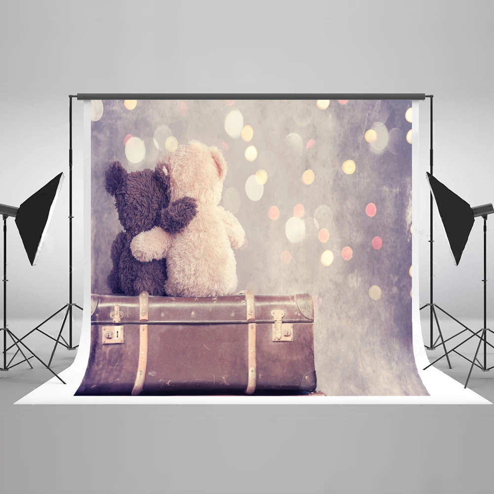 

VinylBDS Children Hugging Each Other Bears Valentine's Day Photography Background Color Aura Vintage Suitcase Wedding Backdrops