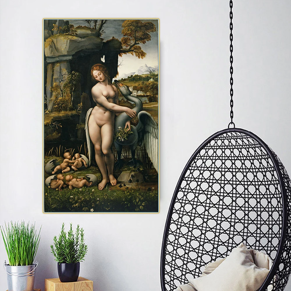 

Leda and the Swan by Leonardo da Vinci Canvas Oil Painting Famous Artwork Poster Picture Wall Decor Home Living room Decoration