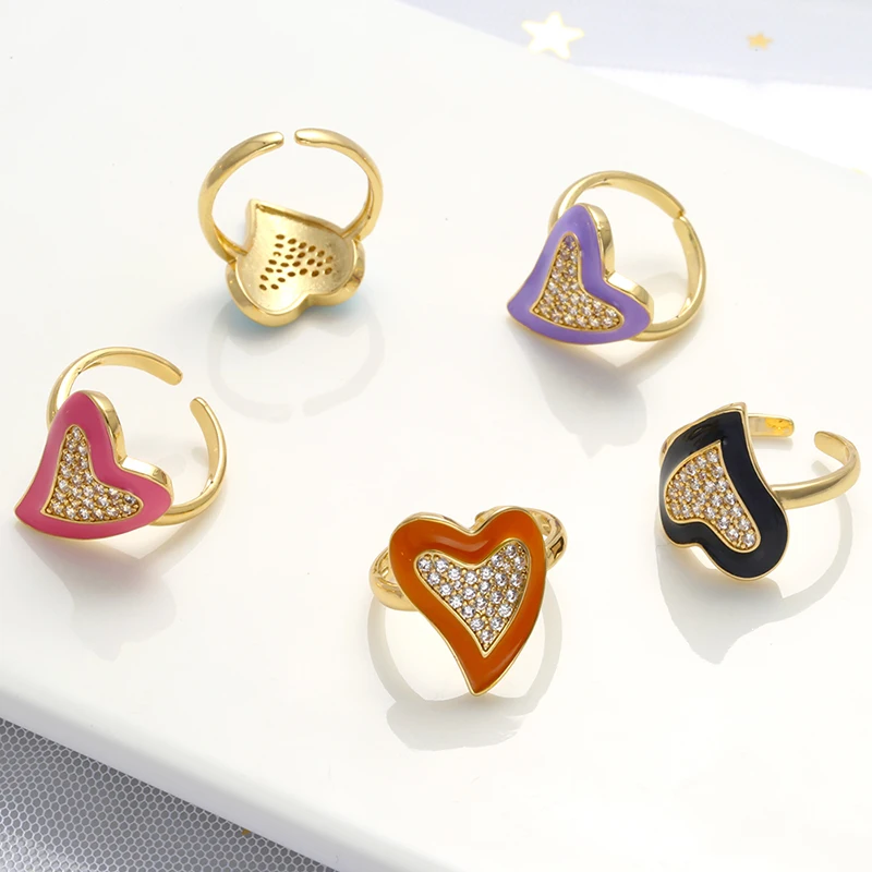 ZHUKOU Trendy Irregular big Heart Ring for women gold color CZ Crystal Dripping oil Enamel women opening Ring wholesale VJ188