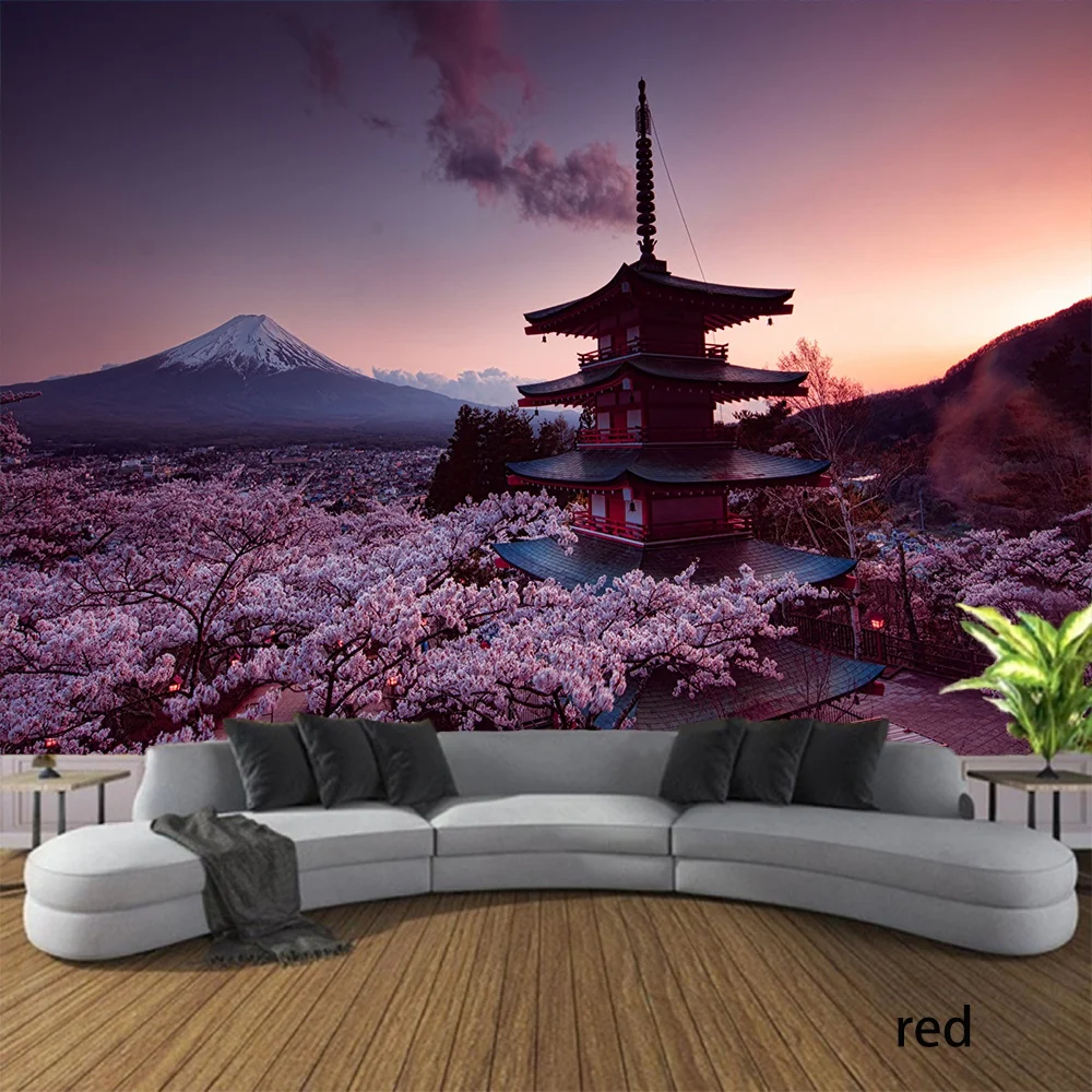 Japan Beautiful Landscape Mountain Fuji Red Pagoda Cherry Blossom Sakura Tapestry Wall Hanging Wall Art Decoration Tapestry