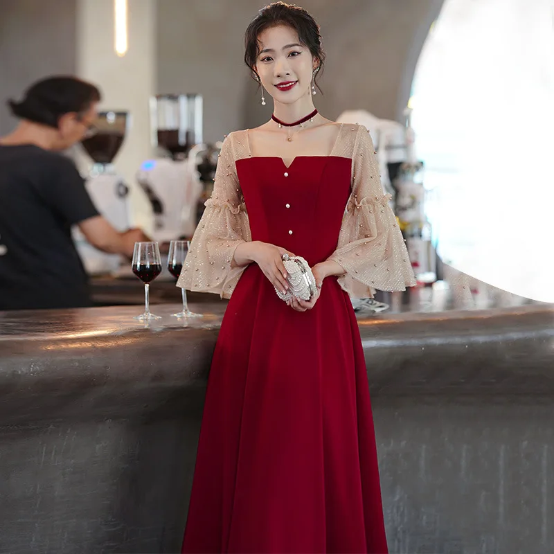 

Pleated Sweetheart Neck Cheongsam Perspective Mesh Flare Sleeve Evening Party Dress Gown Pearl Sequins Qipao Burgundy Vestidos