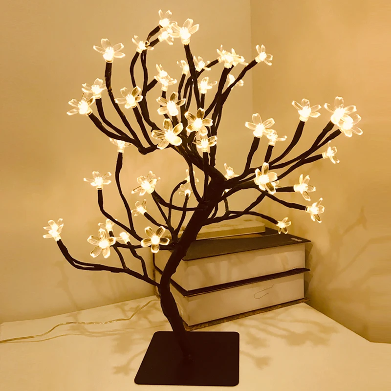 LED Decor Desk Lamp Cherry Blossom Tree Night Lights Nordic Crystal Flower Table Light for Bedroom Bedside Decorative Table Lamp