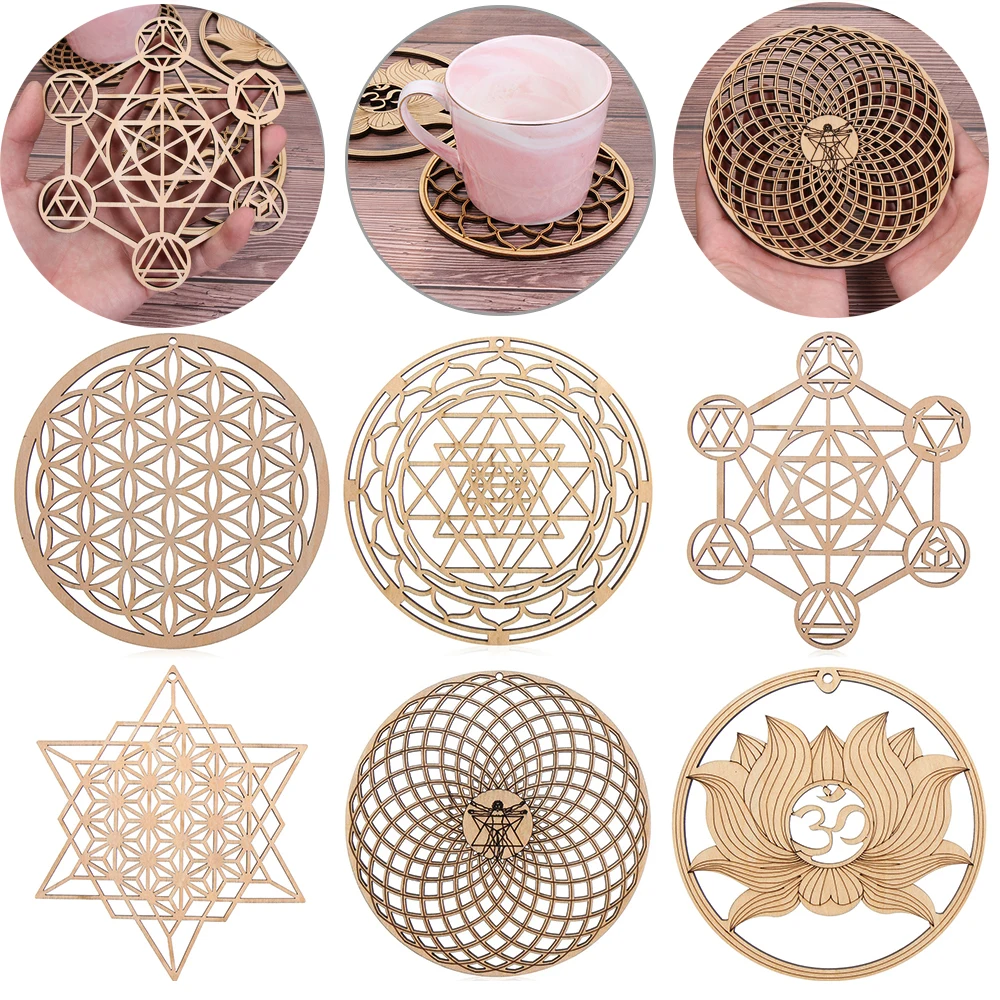 Log Color Chakra Pattern Round Edge Circles Carved Wooden Stand Coaster Flower of life Reload Stone Kitchen Hot Pad Mat Decor