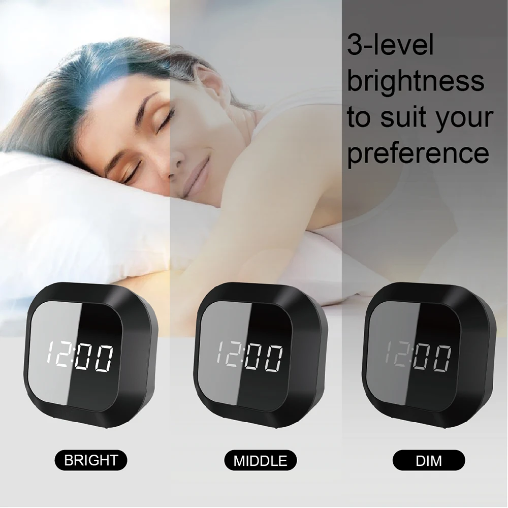 Digital USB LED mirror desk alarm clock electronic kids bedside snooze clock for home night clock with thermometer hour