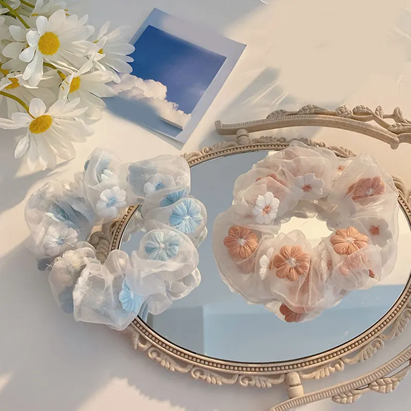 Transparente bordado flores scrunchies feminino romântico rosa azul corda de cabelo tule organza laços de cabelo malha acessórios de cabelo 2021