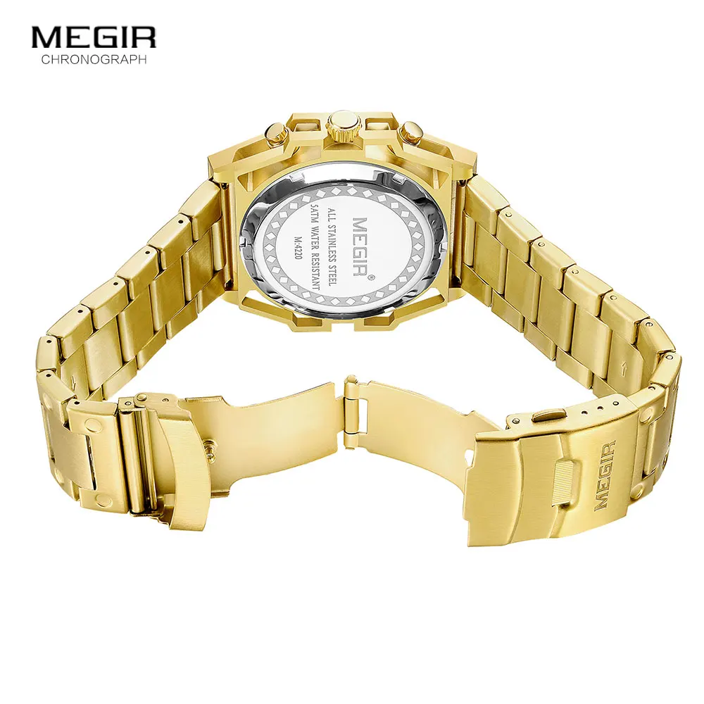 Megir Gouden Horloge Voor Mannen Roestvrij Staal Chronograaf Polshorloge Man Luxe Lichtgevende Quartz Horloges Relogio Masculino Часы Reloj