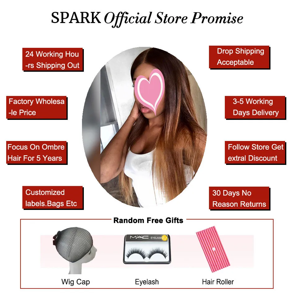 Spark 3/4 Bundles with Closure Peruvian Ombre Straight Human Hair Bundles With Closure Free Part Remy Hair