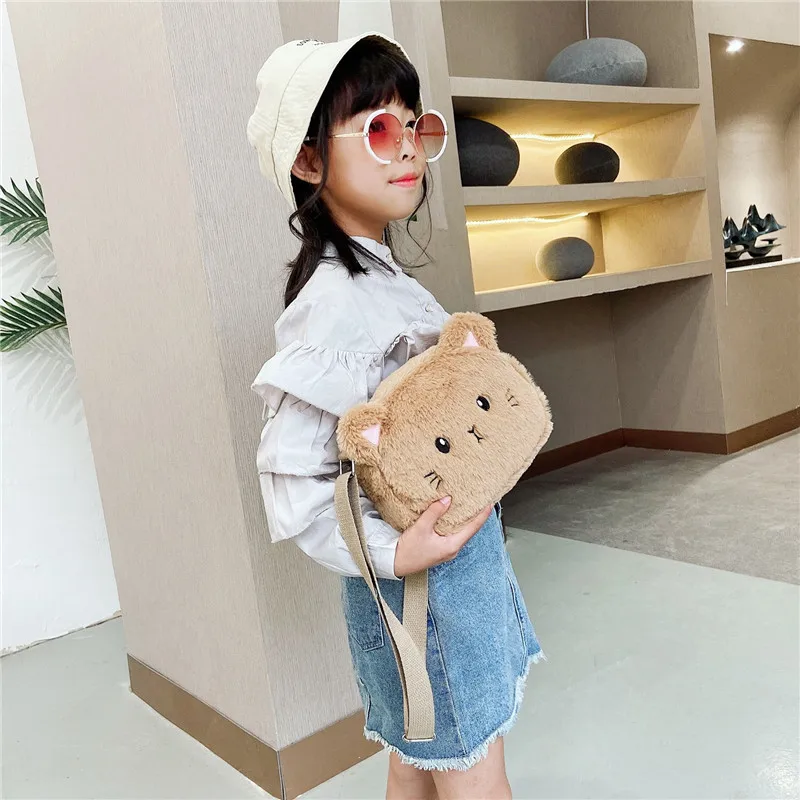 Cartoon Cat Baby Girls Crossbody Bags Cute Soft Plush Children\'s Shoulder Bag Winter Fashion Boys Kids Furry Handbags Coin Purse