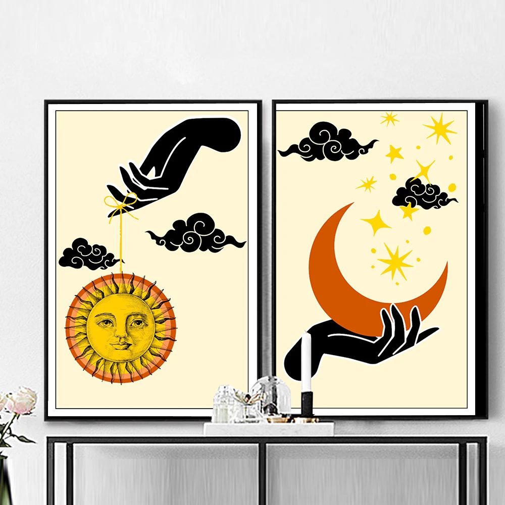 Abstract Mystic Hand Sun and Moon Scene Boho Canvas Prints Painting for Living Room Home Decor No Frame Wall Art Picture Posters
