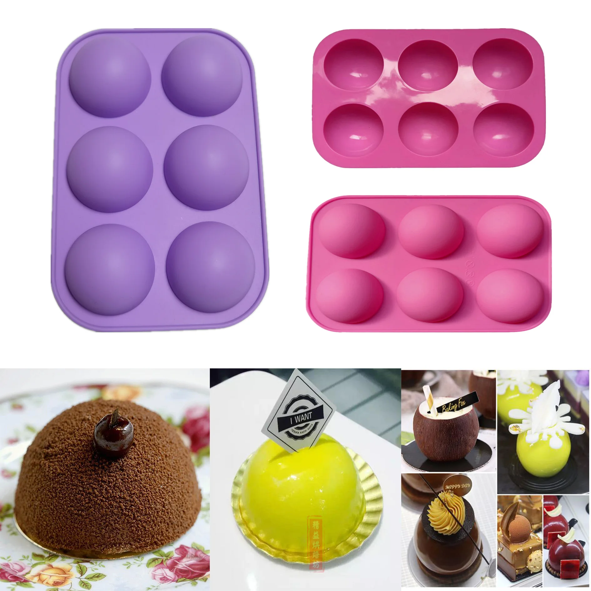 Silicone Cake Mold 6-Cavity Semi Sphere Baking Mould DIY Ice Tray for Chocolate Jelly Incense Candle Soap kitchen Tools