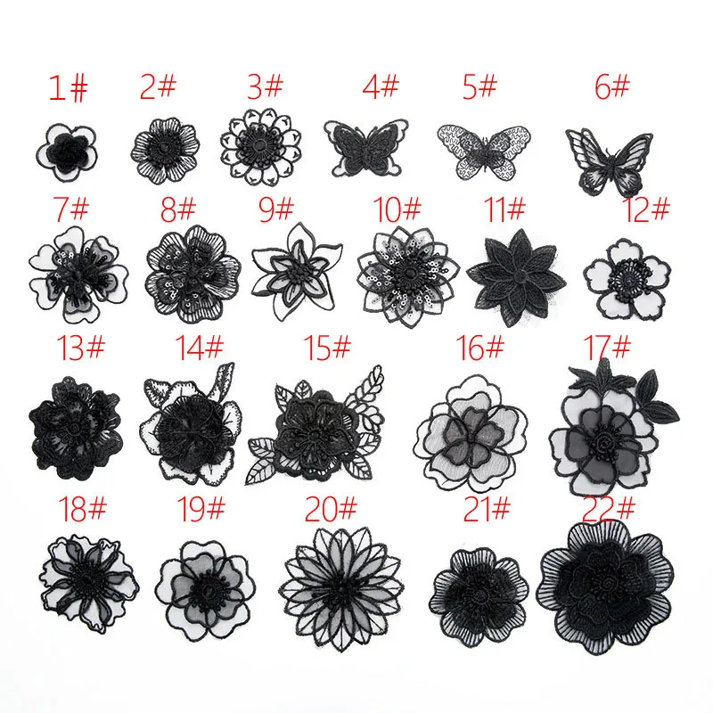 Thermo Black Lace Organza Flower Butterfly Embroidered Patches for Clohting Iron on Clothes Appliques Stripes Fabric Stickers