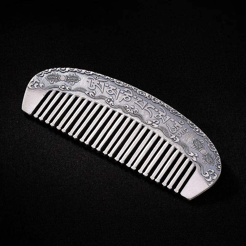 999 Sterling Silver Retro Six Words Mantra Auspicious Clouds Silver Comb