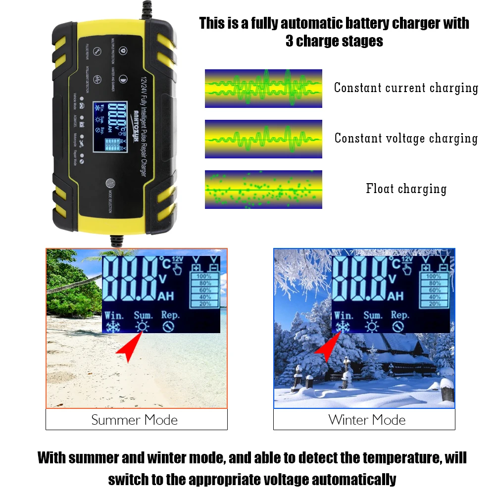 12V/24V 8A Car Full Automatic Battery Charger Digital LCD Display Power Pulse Repair Chargers Wet Dry Lead Acid Battery-chargers