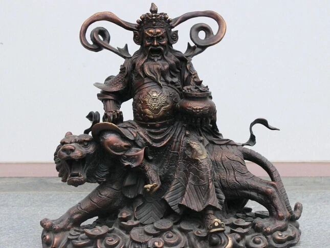 

wholesale factory 16" FengShui Chinese Bronze Copper Wealth YuanBao Mammon God Statue Ride Tiger 25% off