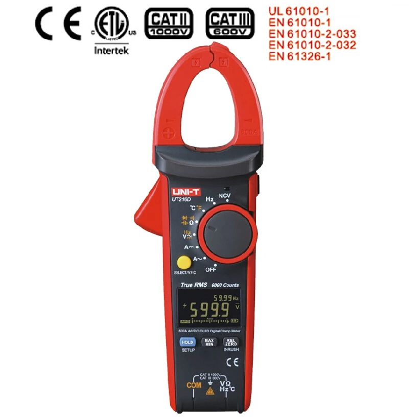 UNI-T UT216C/UT216D Digital Current Clamp True RMS 600A Digital   Clamp Meter NCV/VFC Frequency Capacitance Temperature Tester