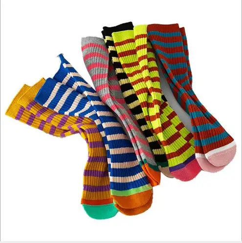 2Pairs Pack 1-8 Y 2021 spring new children\'s socks without heel straight students striped color matching baby pile soc