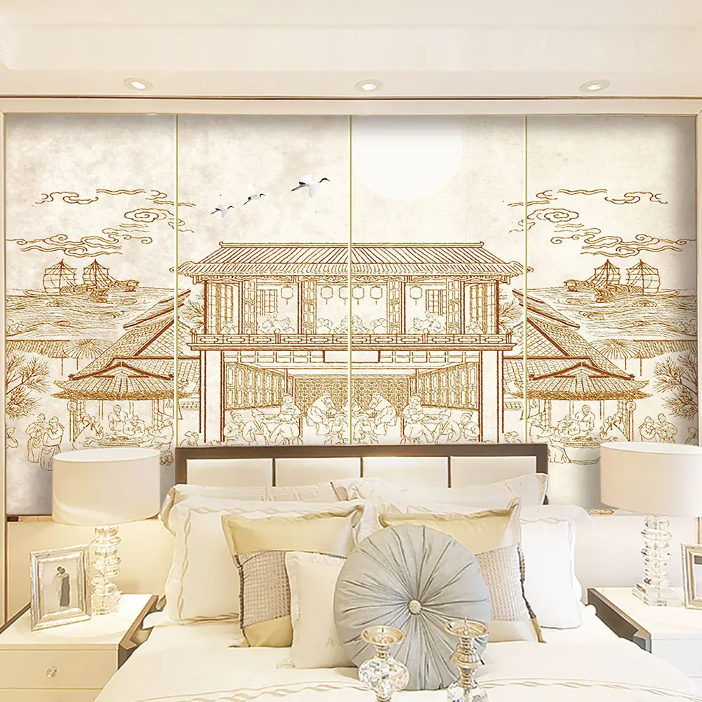 

Custom Mural Wallpaper New Chinese Style Hand Painted Ancient Building Background Wall Painting