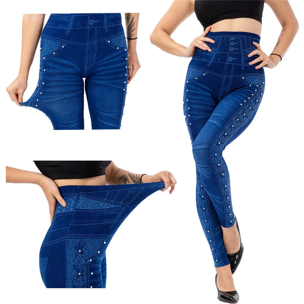 Plus Size 3XL High Waist Faux Denim Jean Leggings Slim Elastic Seamless Skinny Pencil Pant Female Workout Running Leggings