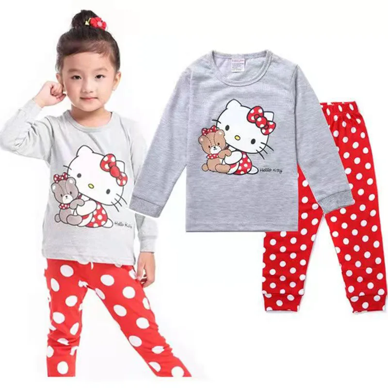 Hello Kitty Girls Spring and Autumn New Cotton Long-Sleeved Home Service Children\'s Cartoon T-shirt +Pants Pajamas Underwear Set