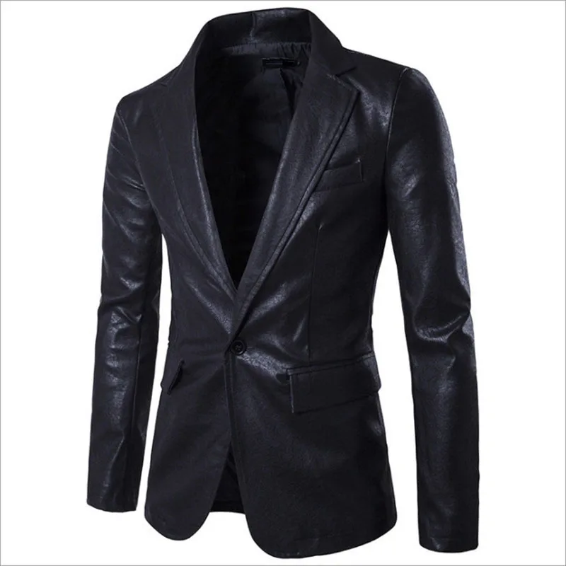 

New PU Leather Blazer Jacket Men Slim Fit Single Button Leather Jacket Fashion Wedding Party Jacket Male Outwear Black Red White