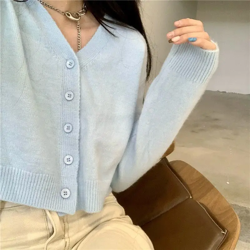 Cardigan Women Sweater Blue Sweet Simple Solid Color Long Sleeve Warm Spring Autumn Single Breasted V-neck Girls All-match Crop