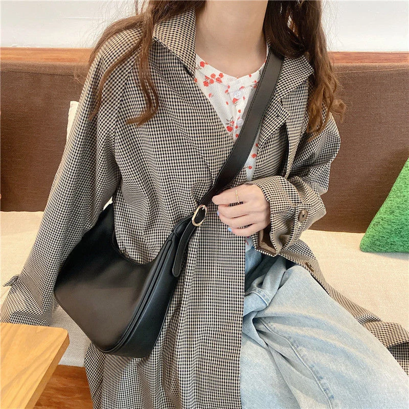 Vintage Underarm Shoulder Bags for Women Simple Style Female Bag Purse Solid Color PU Leather Armpit Handbag Crossbody