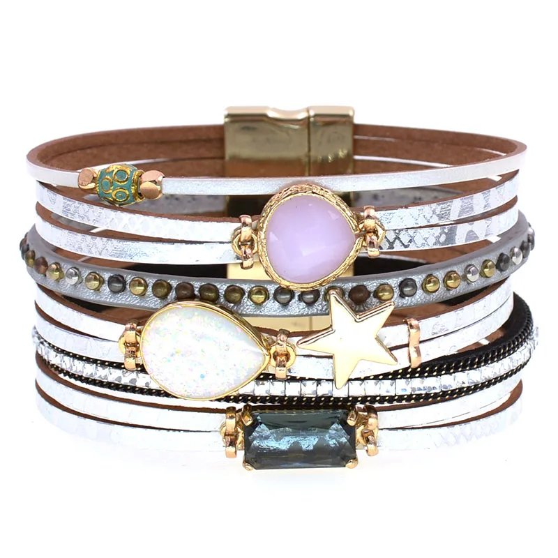 WELLMORE New 5 colors bohemia Leather bracelets for women luxury glass wrap bracelets fashion female jewelry wholesale