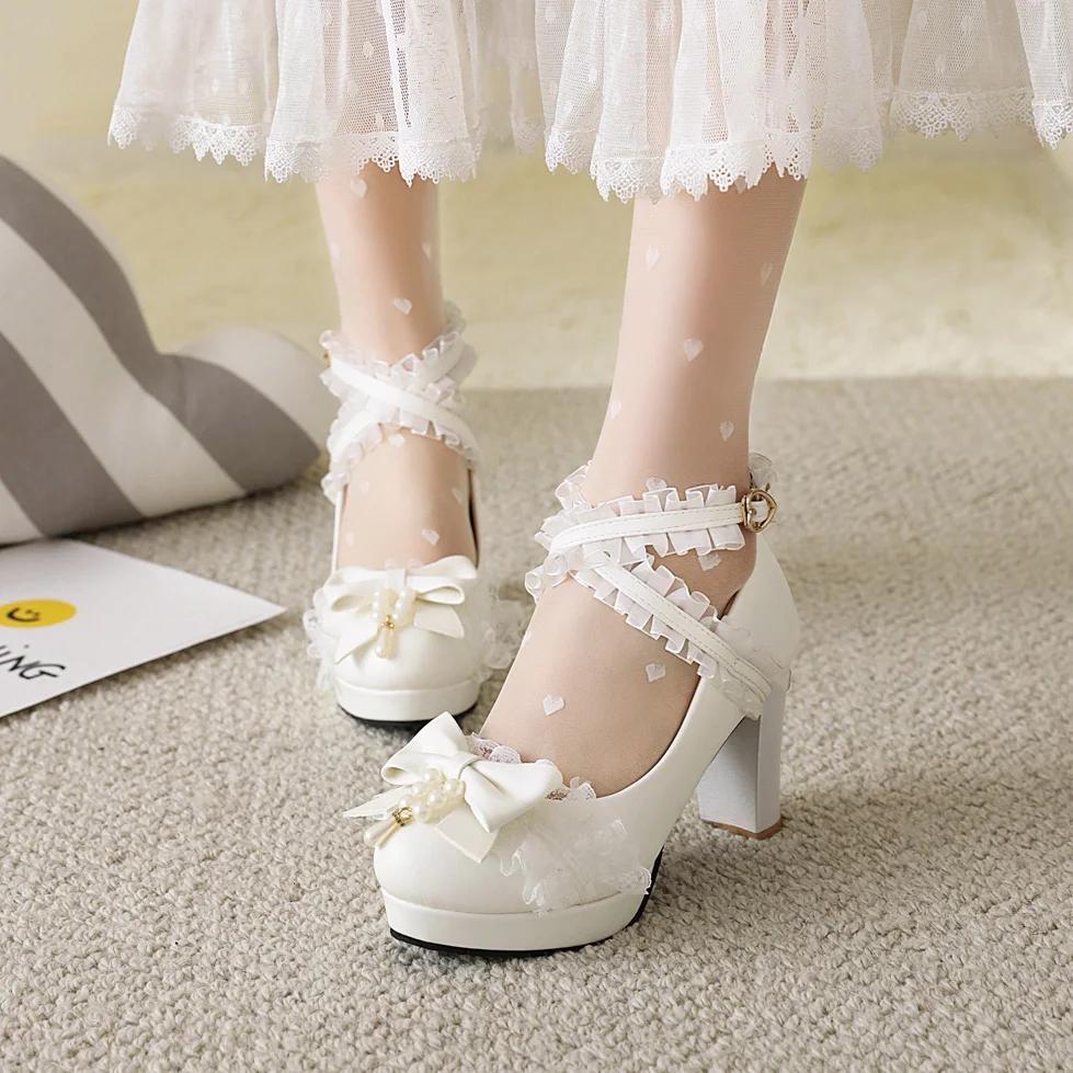 2025 New Summer Ladies Platform Heels Cute Bow Lace Princess Mary Jane Lolita Shoes Party High Heel Buckle Women Pumps Pink 32