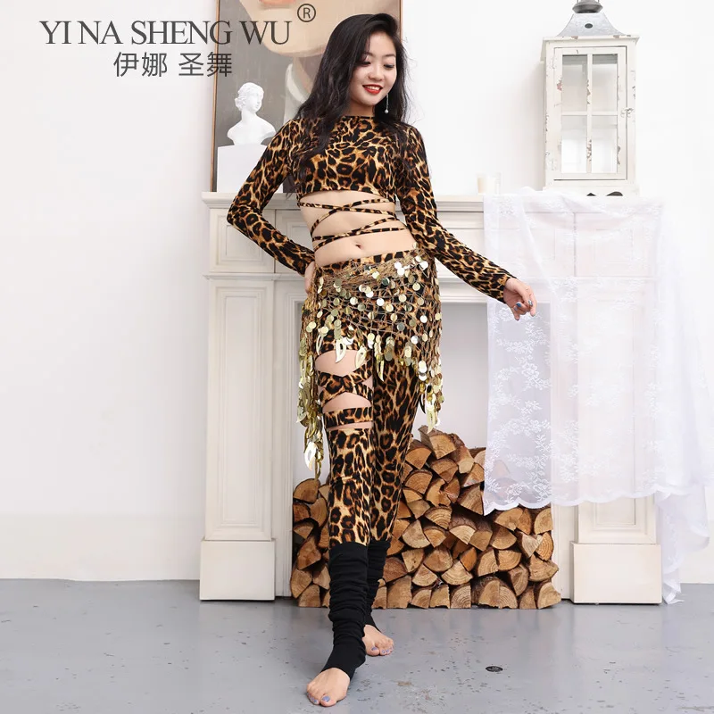 Women\'s Belly Dance Dance Leopard Practice Clothes New Sexy Hollow Trousers Tops Profession Dance Hip Scarf Bellydance Costume