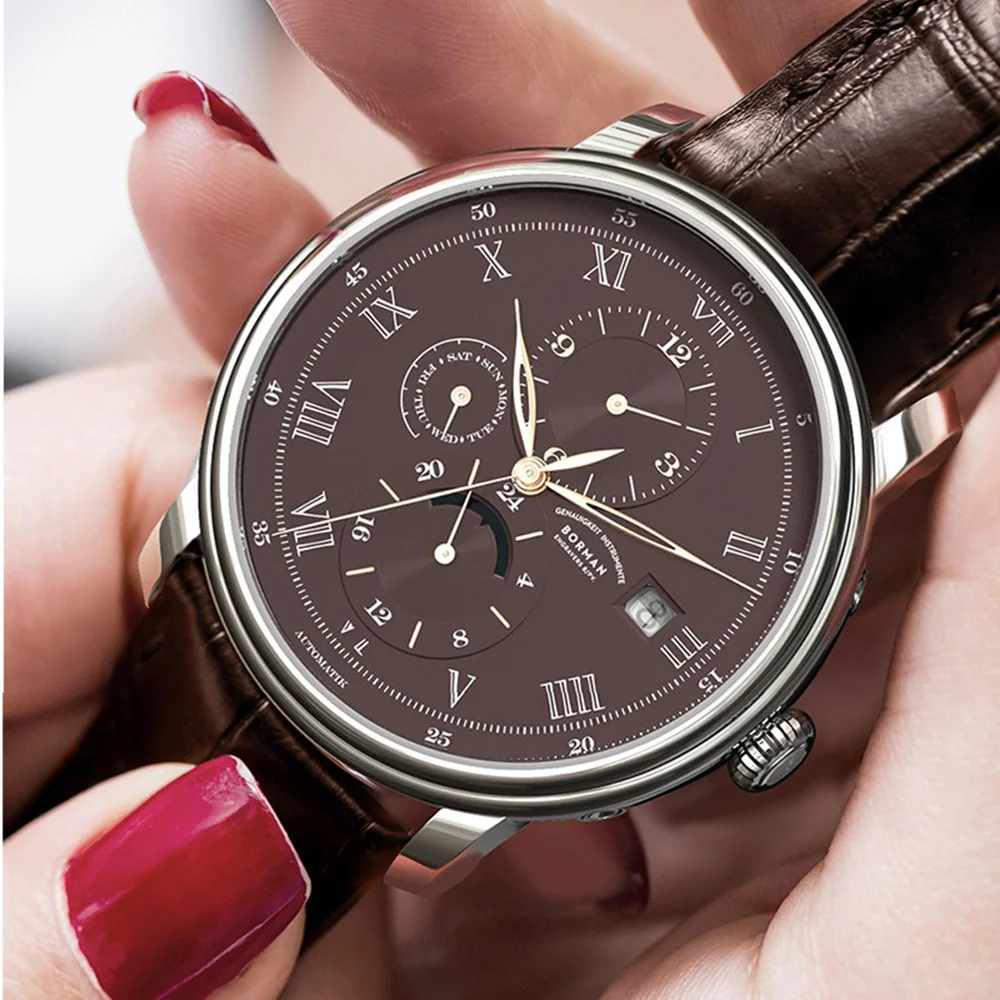ساعات رسمية للرجال، ساعة يد أوتوماتيكية للرجال من بورمان ساعة يد ميكانيكية فاخرة للرجال مقاومة للماء بحزام جلدي سويسرا