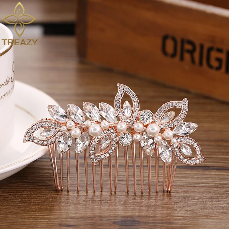 

TREAZY Rose Gold Color Bridal Hair Combs Headpiece CZ Crystal Pearl Leaf Wedding Hair Accessories Women Hair Ornaments