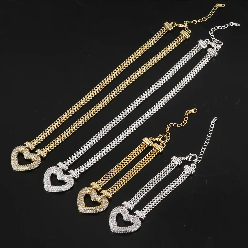 Luxury Pairs Micro Pave Disco CZ Lovers Heart Charm Pendant Necklace Bracelet Women Men Fashion Bling Jewelry Sets Lovers Gift