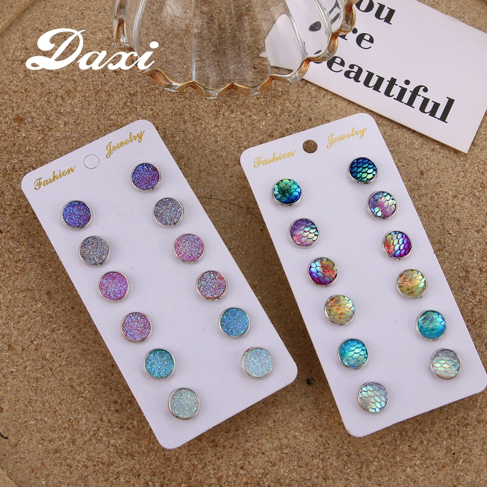 DAXI Bling Earring Sets 6 Pairs / Set Mixed Color Cute Round Stud Earrings For Women Fashion Jewelry Birthday Gift Wholesale