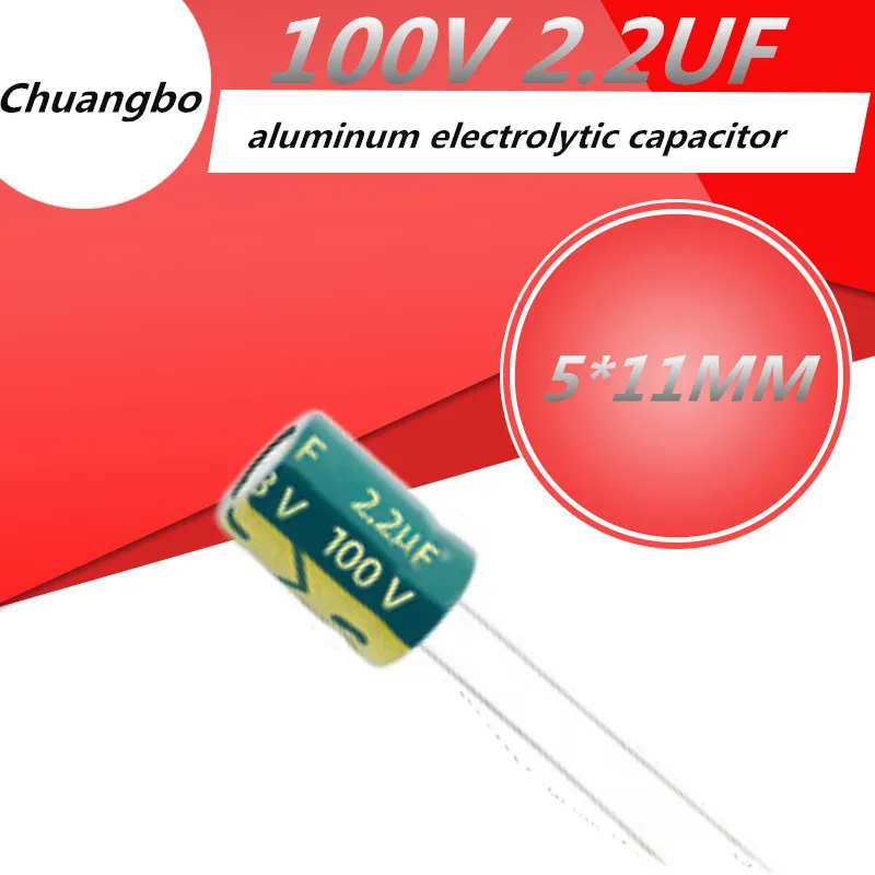 

50pcs Higt quality 100V2.2UF 100V 2.2U 5*11 low ESR/impedance high frequency aluminum electrolytic capacitor 100V 2.2UF 5*11MM