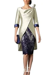 Sheath / Column Mother of the Bride Dress Plus Size Vintage Jewel Neck Knee Length Polyester 3/4 Length Sleeve with Lace 2021