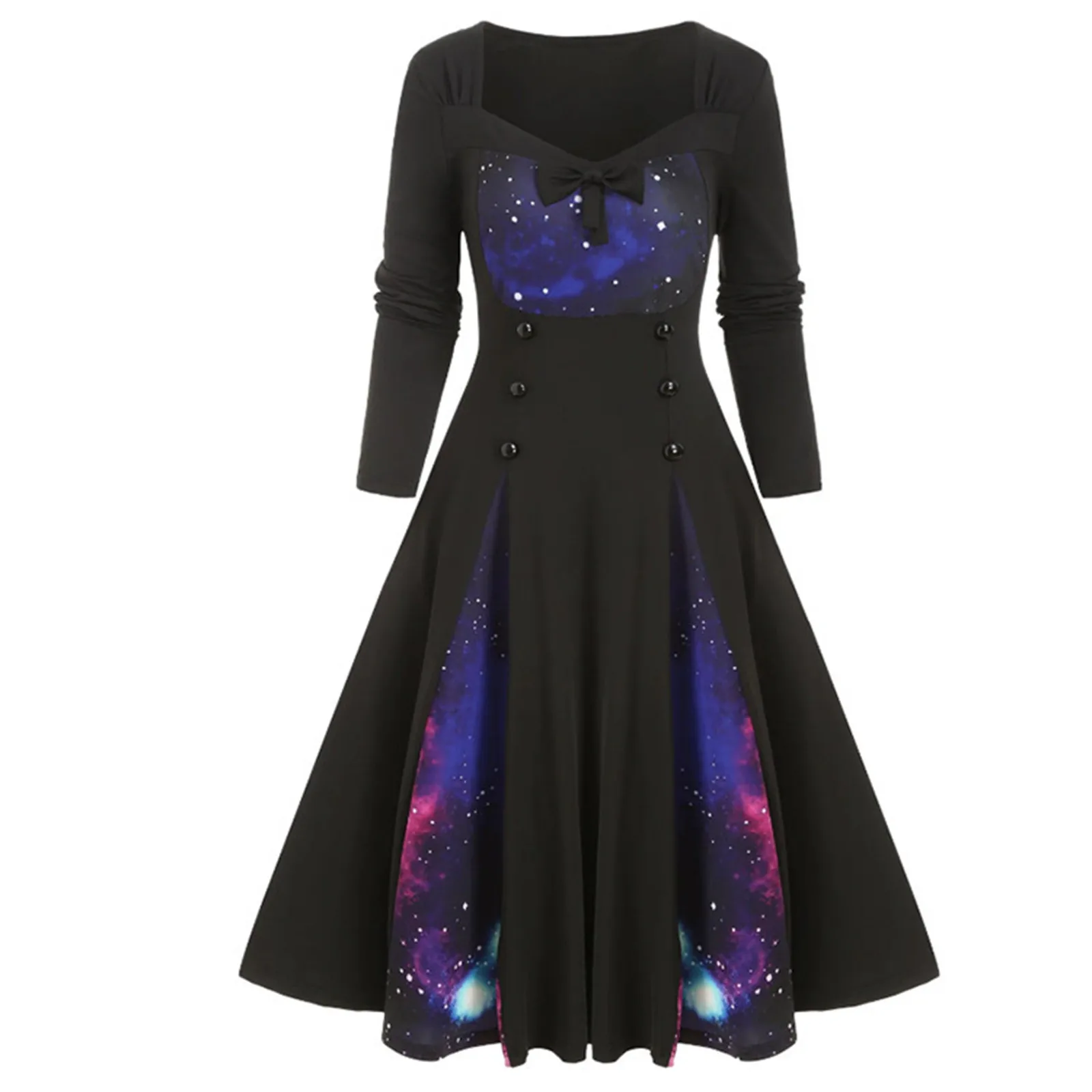 Galaxy Starry Sky Dress Women Long Sleeve Lace Panel Neck Big Swing Vintage Rockabilly Club Dresses Slim High Waist Party Dress