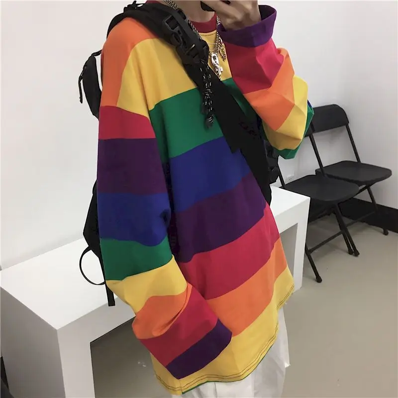 Women\'s Rainbow Striped T-shirt Long-sleeved Spring Autumn New Style Korean Student Loose Fashion Top Oversize Kawaii Clothes