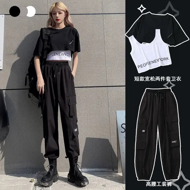 

2021 Women Tracksuit 3 Piece Set Hip Hop Crop Top+ Pants Fashion Female Casual Sports Harajuku Style Two-piece Suit Women Tops