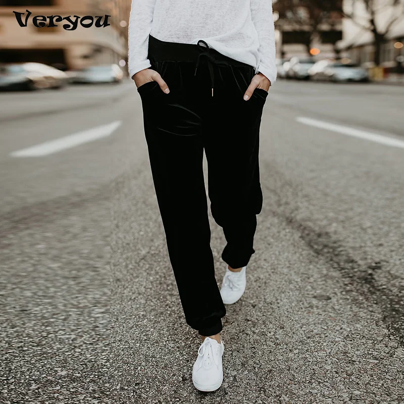 Vrouwen Solid Smalle Been Potlood Broek Lente Herfst Toevallige Elastische Taille Trekkoord Dames Broek Zakken Sportkleding Streetwear