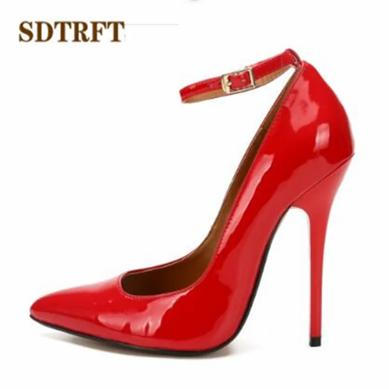 SDTRFT Woman Buckle Pumps 14cm Thin Heels Pointed Toe Stiletto Ladies Patent Leather Classic Fetish Ballet Shoes Plus:40-48 49