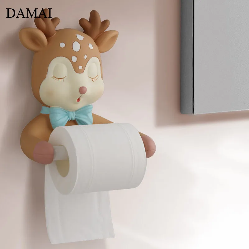 Cartoons Fawn Decorative Paper Towel Dispenser Wall Mounted Restroom Punch-free Waterproof Tissue Holder Bathroom Accessories