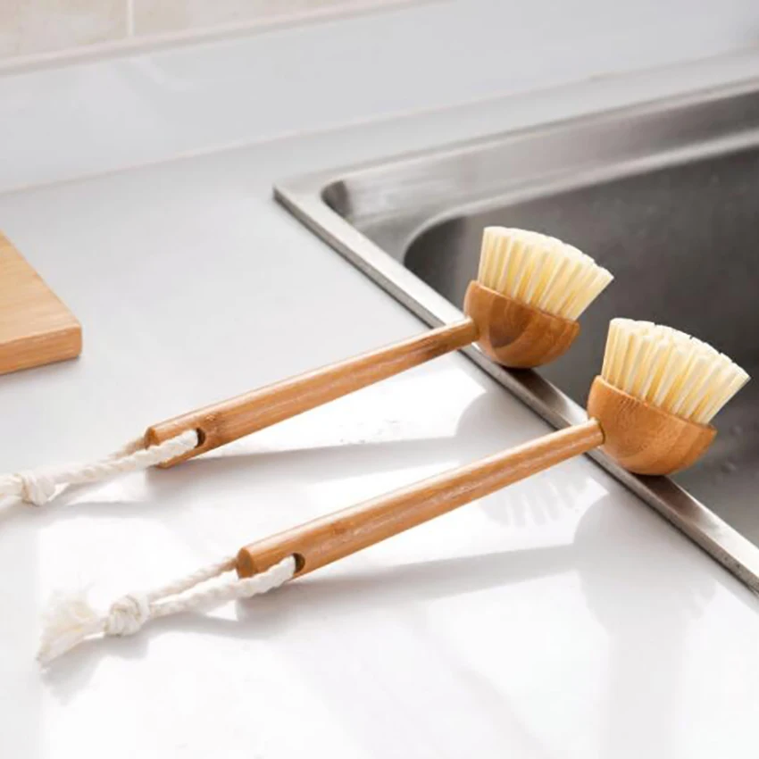 Dish Brush for Kitchen Bathroom with Nylon Bristles, Comfortable Grip Bamboo Handle, Cleaning Brush for Sink Pot Pans Dishes